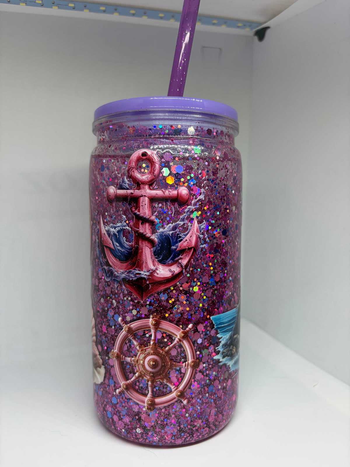 Glitzertrinkbecher Leuchtturm Motiv
