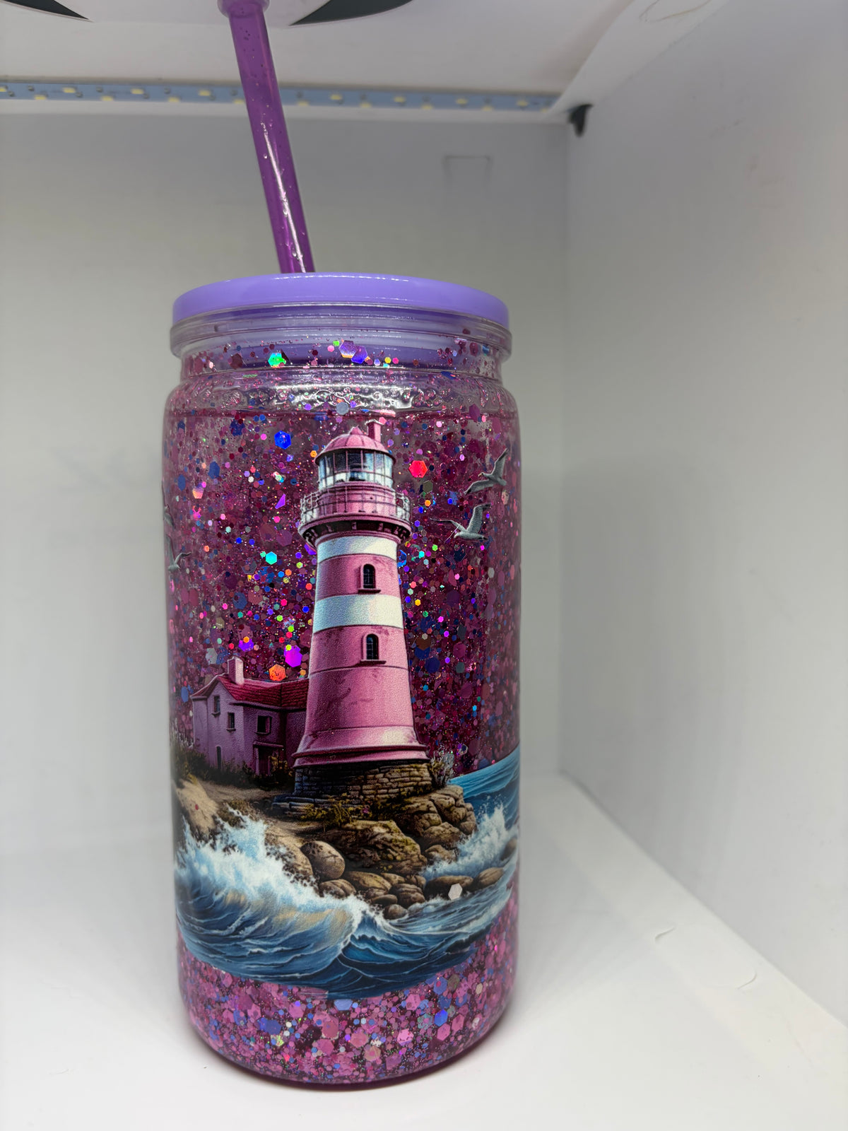 Glitzertrinkbecher Leuchtturm Motiv